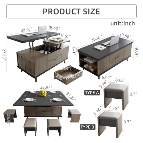 GraceNook Lift Top Coffee Table with 4 Pu Stools, Classic Brown Contrast Black Coffee Table Converts to Dining Table, Center Table with Plenty Storage Space for Living Room