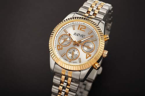 August Steiner Multifunction Women's Watch - 3 Subdials Day, Date And Gmt - Coin Edged Bezel On Stainless Steel Bracelet - As8103 #TOP6