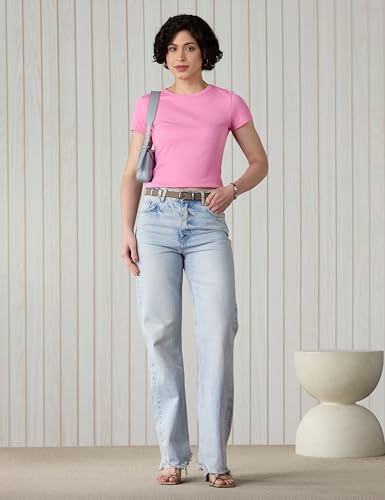 Image of Amazon Brand - Symbol Women's Slim Fit Cropped Rib T-Shirt (Round Neck | Half Sleeve | Pack of 2) (Available in Plus Size)