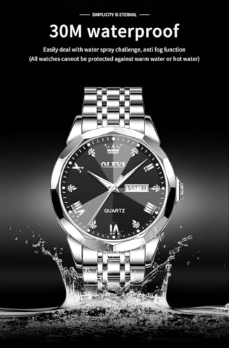 Image of OLEVS Watch for Men Diamond Business Dress Analog Quartz Stainless Steel Waterproof Luminous Date Two Tone Luxury Casual Wrist Watch Blue
