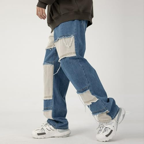 Jeans Pants Trousers Denim Tassel Trendy Street Loose Edge Splicing Blue Retro Thin Casual Commuter Straight Leg for Men4