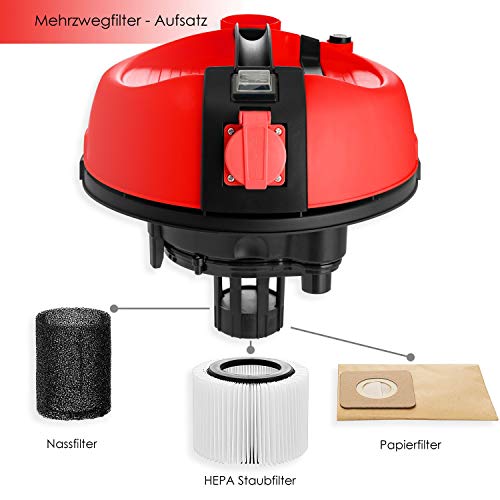 MASKO® Aspirateur industriel Aspirateur eau et poussière aspirateur acier inoxydable 2 300 W + prise électrique Fonction soufflage Aspiration à sec et aspiration de l'eau | Push&Clean, rouge - Image 5