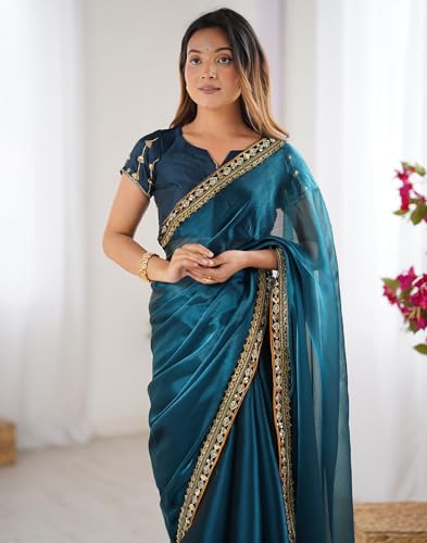 Image of SIRIL Women's Shimmer Chiffon Lace Border Saree With Unstitched Blouse Piece