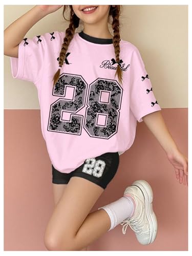 RoseSeek Conjunto de 2 peças esportivas de verão para meninas, camisa e mini shorts de motociclista,