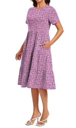 Image of Womens Summer Short Sleeve Crew Neck Midi Dress 2026 Casual Fit Flowy Tiered Beach Vacation Sundress with Pockets