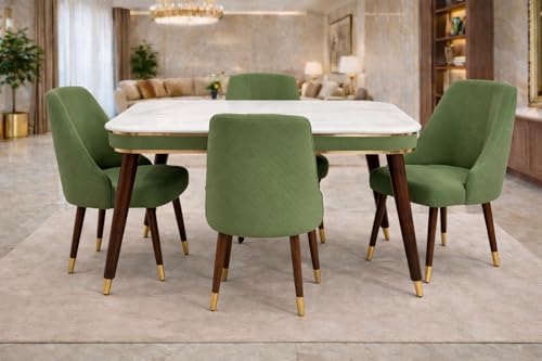 Image of WOODEN SPACE Wooden Dining Table with Nano Composite Marble Top & Solid Wood Base (Vento Beige, 4 Seater, Modern Vento)