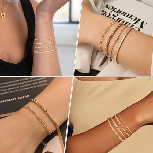 Gold Bracelets for Women, 14K Gold Plated Jewelry Set Stackable Bracelets Dainty Layered Trendy Waterproof Link Chain4