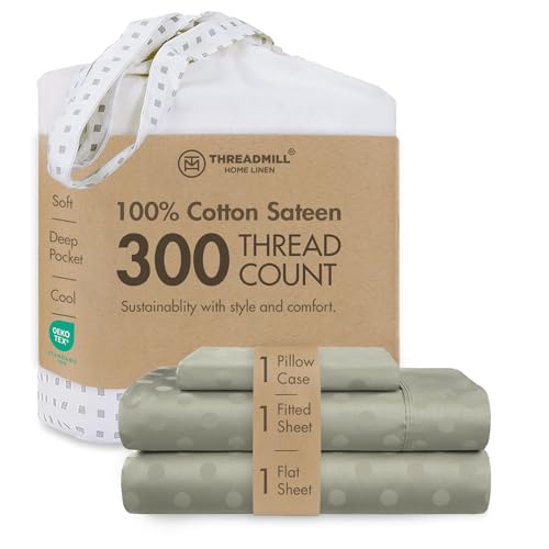 Image of Threadmill 300TC Cotton Twin Sheet Set, Sateen, Jacquard, Sage Green | 100% Cotton, Sateen Weave, Jacquard Pattern, 3-Piece Set, 16 inch Deep Pocket, Cooling, Breathable, OEKO-TEX Certified