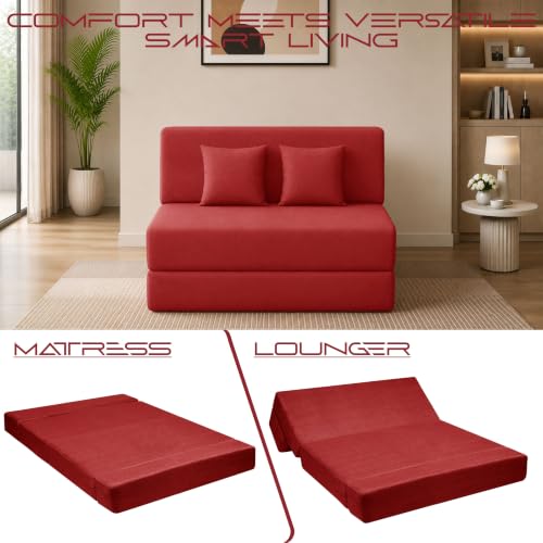 Image of Los Angeles Foldable Two Seater Sofa Cum Bed, Sofa Bed 4 X 6 Ft, Jute Fabric Washable Cover Including Two Cushion Perfect for Living Room & Office Guest Room - Red Color