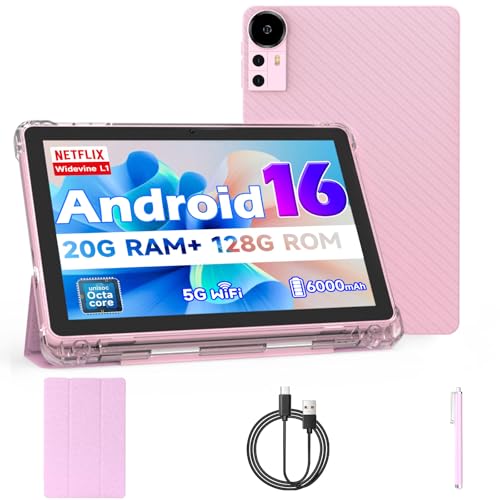 Android 16 Tablet 10 inch Tablets, 20GB RAM 128GB ROM 2TB Expand, 2.0Ghz CPU Octa-Core Processor Tablet PC with Case and Stylus, 5G WiFi6, BT5.0, 6000mAh Battery, Dual Camera, Widevine L1, GMS, Pink