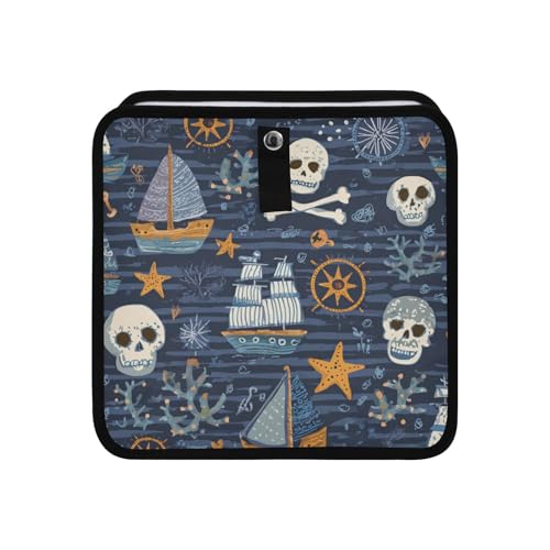 Image of Car Trash Can Organizer Bin with Adjustable Strap for Back Front Seat Console Waterproof Leakproof Collapsible Portable 11 Inch Blue Pirate Skulls Sailboats Starfish and Compass