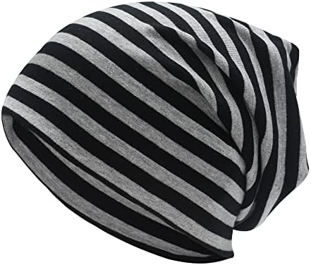 ZLYC Cotton Thin Slouchy Beanie Hat for Men Women Fashion Soft Stretch Knit Skull Cap (Striped Black and Gray)