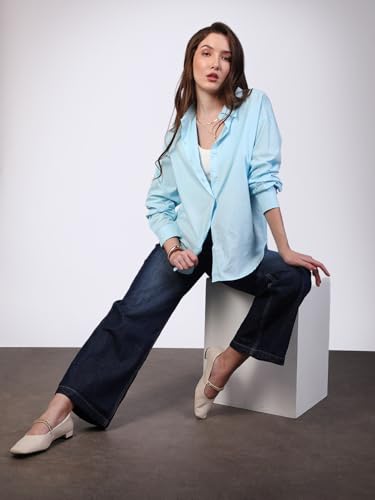Image of Urbano Fashion Women's Cotton Full Sleeve Oversized Fit Casual Solid Slub Shirt with Spread Collar