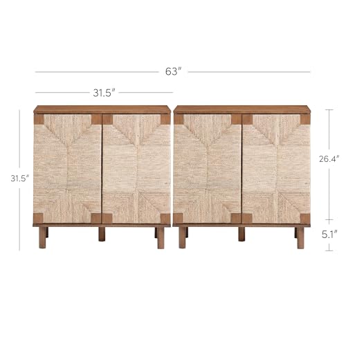 Image of Nathan James Beacon Boho Accent Cabinet with Doors, TV Stand with Adjustable Interior Shelf and Seagrass Accent, Dark Brown, Set of 2