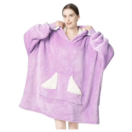 Touchat Wearable Blanket Hoodie, Oversized Sherpa Blanket Sweatshirt with Hood Pocket and Sleeves, Super Soft Warm Plush Hooded Blanket for Adult Women Men (Purple)