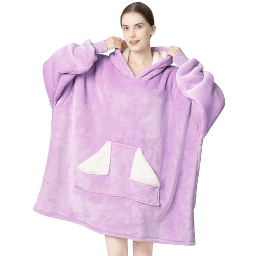 Touchat Wearable Blanket Hoodie, Oversized Sherpa Blanket Sweatshirt with Hood Pocket and Sleeves, Super Soft Warm Plush Hooded Blanket for Adult Women Men (Purple)