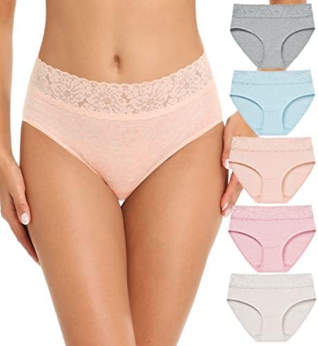 RHYFF Womens Underwear Cotton Bikini Panties Lace Soft Hipster Panty Ladies Stretch Full Briefs 5 Pack(R6004M-Light)