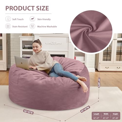 4FT Bean Bag Chair, Large Bean Bag Chairs with Memory Foam Filled, Fluffy Beanbag Sofa with Dutch Velvet Cover, Round BeanBag Chairs for Living Room, Playroom - Dusty Pink