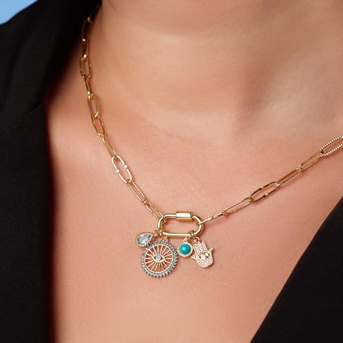 Milla 14K Gold Plated Charm Necklace for Women, 18 inches Paperclip Chain and 2 inches Extension, with Pendants on Carabiner. Safe and Hypoallergenic2