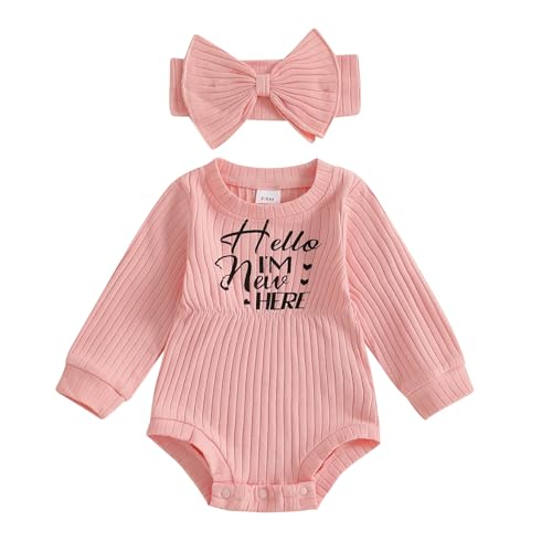 Image of Infant Baby Girl Fall Outfit Clothes Long Sleeve Knit Romper Jumpsuit with Headband Newborn Coming Home Clothing