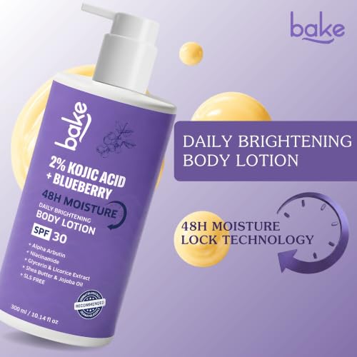 Image of BAKE 2% Kojic Acid Brightening Body Lotion (300 ml) with Niacinamide & SPF 30 for Pigmentation & Tan Removal | For Dark Spots & Sun Protection | Tanned & Pigmented Skin | For Women & Men