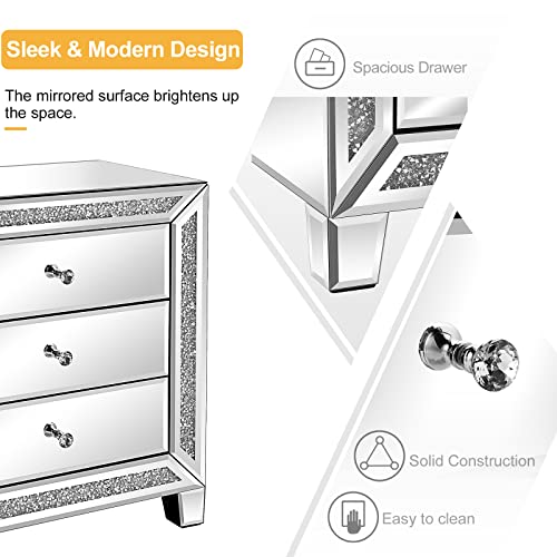 Image of VINGLI Mirrored Nightstands Set of 2, 23 inch W Glass Mirror Night Stand Set of 2, Modern Bedside Table 3 Drawer Glass Side End Table Silver Dresser for Bedroom, 23 inchW x 13.8 inchD x 24.8 inchH