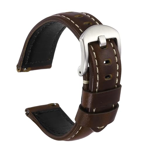 Correa de reloj de 20 mm de cuero encerado color café, el regalo unisex con hebilla plateada