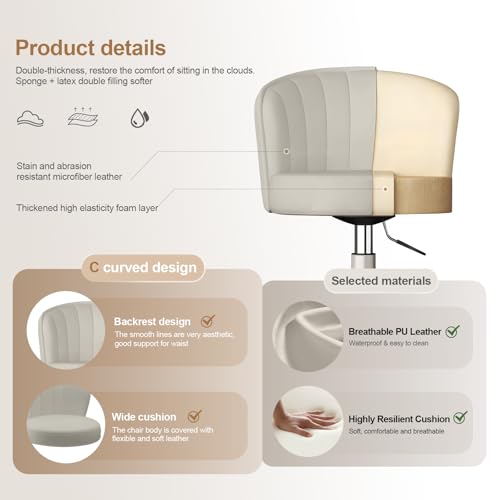 Image of Small Desk Chair Round Rolling Chair with Back PU Leather Height Adjustable Swivel Vanity Work Computer Stool Chair for Home Office Bedroom, Set of 2