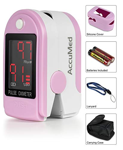 AccuMed® CMS-50DL Fingertip Pulse Oximeter Finger Pulse Blood Oxygen SpO2 Monitor w/Carrying case, Landyard Silicon Case & Battery (Pink)