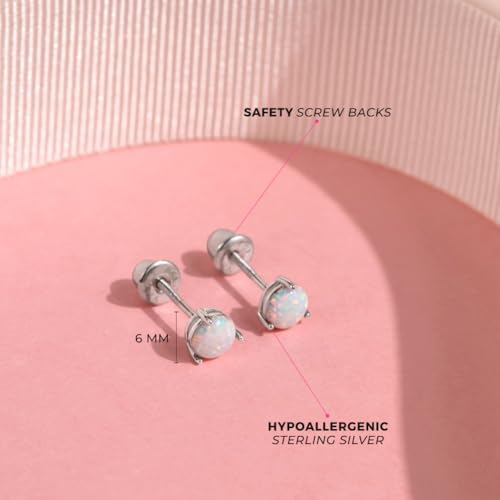 925 Sterling Silver Simulated Opal Round Prong Set Safety Screw Back Earrings For Young Girls - Little Girls Round Shaped Glimmering Earrings - Sparkly Round Earrings For Children4