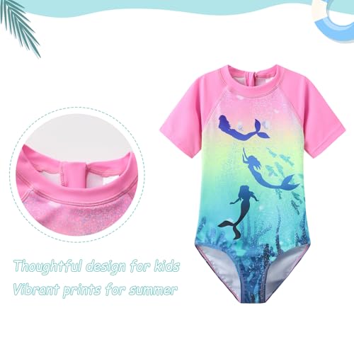 Image of Girls One Piece Rash Guard Swimsuits for Girl Short Sleeve Bathing Suits with Front Zipper Sun Protection Swimwear 3-16 Years
