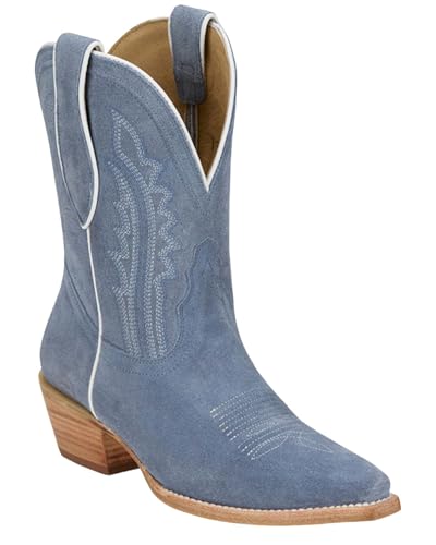 Tony Lama Women's Lea Suede Western Booties Snip Toe Light Blue 7 M US