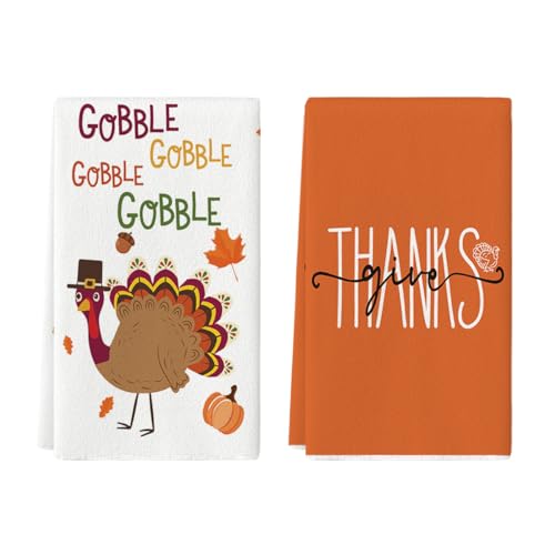Artoid Mode Turkey Gobble Thanksgiving Kitchen Towels Dish Towels, 18×26 Inch Fall Pumpkin Decoration Hand Towels Set of 2