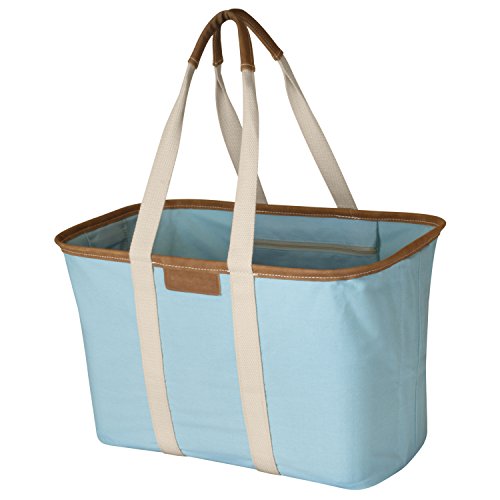 CleverMade Collapsible LUXE Tote - Aqua 1 Pack 30L / 8 Gal - Reusable Utility Grocery Shopping Storage Bag Organizer w/ Handles Reinforced Bottom