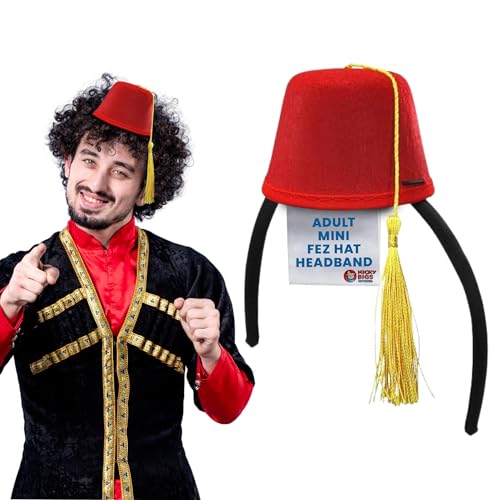 Nicky Bigs Novelties Adult Costume Accessory Mini Fez Hat Headband - Red Felt Fez for Turkish Hat Costumes, Bellhop Hat, Shriner Hat, Sultan Hat, Tarboosh Hat, or Arabian Costume Accessory - One Size,
