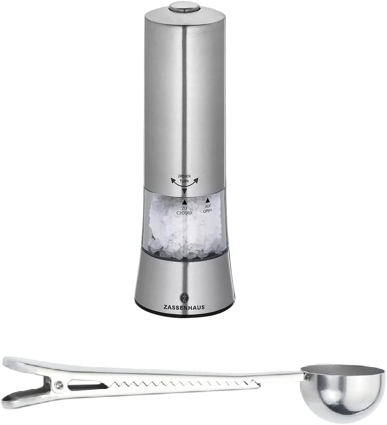 Zassenhaus "Gera" Electric Salt Mill Gift Set, Silver - With Stainless Steel Spice Scoop & Clip