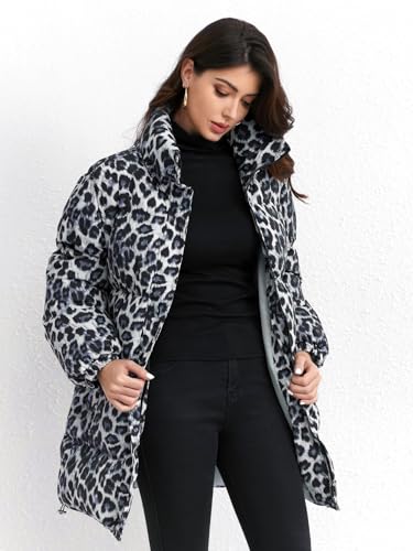 utcoco Womens 2024 Fashion Leopard Padded Puffer Coat Stand Collar Full Zip Winter Warm Down Coat Parka Overcoat4