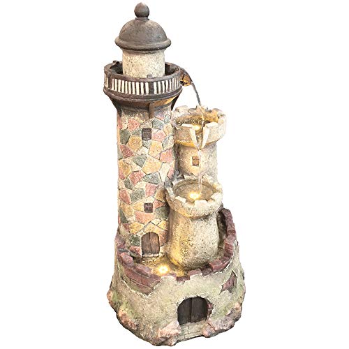 MACOShopde by MACO Möbel Gartenbrunnen Leuchtturm XXL - Dekobrunnen mit warmweißer LED Beleuchtung, ca. 110 x 57 x 49 cm, braun, Natur/Felsoptik