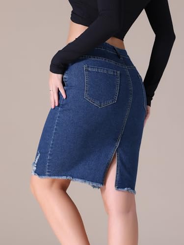 Women's Denim Skirt Stretch Denim High Waisted Raw Hem Above The Knee Pencil Skirt Jean Skirts4
