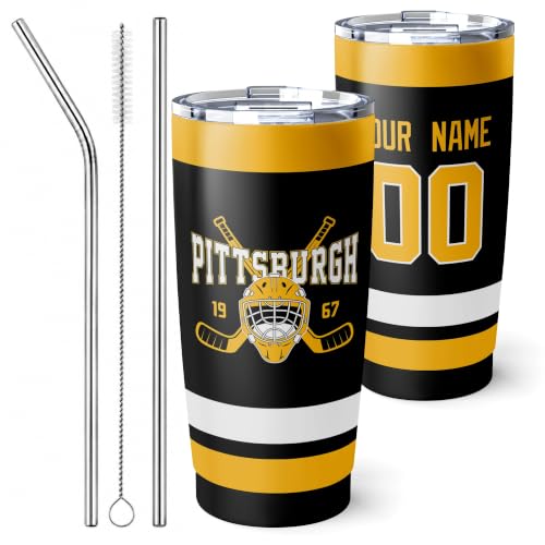 Image of ANTKING Pittsburgh Tumbler 20oz Custom Name Number Travel Mug Gifts | Stainless Steel Insulated Coffee Cup for Men Women