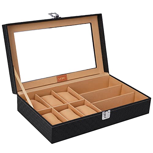 LEDO Watch Case Box and Sunglass Box Holder in Black Color with 6 Slots for Watches and 3 Slots for Sunglasses