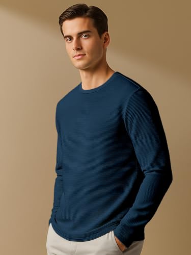 Image of Nobero Ottoman Texture Full Sleeve T-Shirt for Men | 240 GSM Regular fit Tshirt for Men | Casual Wear