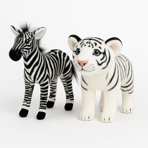 Image of Zebra & White Tiger Soft Toy Combo | 25cm Realistic Plush Animals for Kids | Stuffed Animal Gift Set for Boys & Girls | Birthday Gift & Home Decor