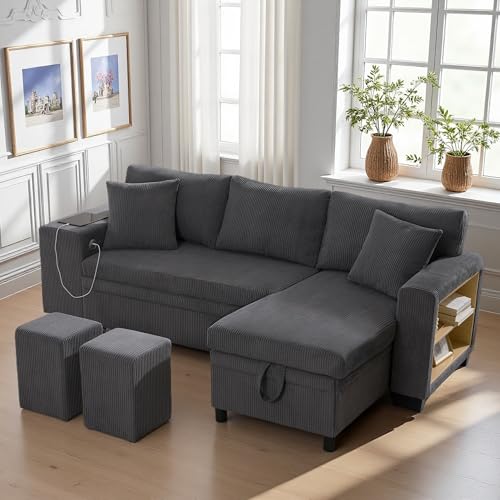 Sofá esquinero convertible con puerto de carga USB y cojines, sofá convertible de 3 plazas con función de cama, sofá cama de 3 plazas con estantes laterales y espacio de almacenamiento, gris oscuro