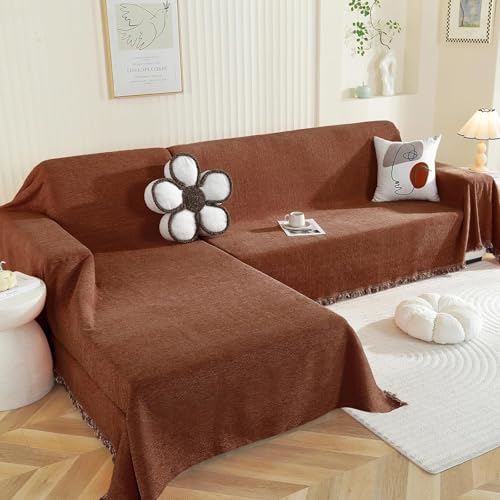 Royhom Sectional Couch Covers 2 Pieces, L Shaped Couch Cover Blanket, Chenille Sofa Covers Washable, Sofa Slipcover with Tassel, Suitable for All Seasons (71"x118"+91"x134", Brown)