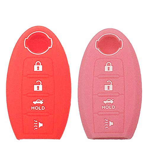 LemSa 2Pcs Silicone Keyless Entry Remote Car Smart Key Fob for Nissan Altima Maxima Murano Armada Gt-r Sentra Altima Rogue Pathfinder, Red/Pink
