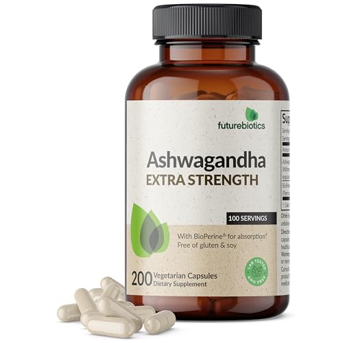 Image of Futurebiotics Ashwagandha Extra Strength Stress & Mood Support with BioPerine - Non GMO Formula, 200 Vegetarian Capsules