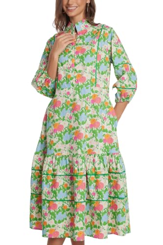 Image of D-Sun Women Floral Maxi Dress Elegant Printed Button Down 3 /4 Puff Sleeve Tiered A-Line Flowy Party Long Dress with Pocket