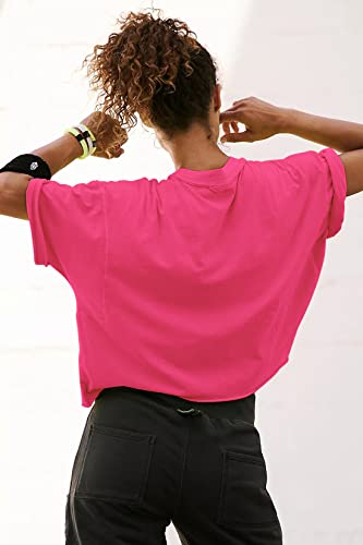 Image of HUGOOME Womens Oversized Workout Crop Top Casual Short Sleeve Boxy Roll Hem | Basic Half Split Sleeve Drop Shoulder Loose Yoga Running Gym Tee Cropped T-shirt Solid Trendy Relaxed Daily Tee