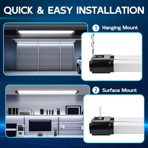 Image of hykolity LED Shop Light 4FT 44W (300W Equivalent), 4600LM 5000K Daylight | Hanging or Surface Mount,Plug-in Utility Linkable Shop Light for Garage,Workshop,Warehouse,Energy Efficient,Black,4 Pack